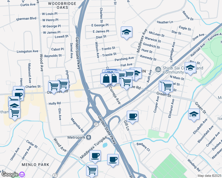 map of restaurants, bars, coffee shops, grocery stores, and more near in Woodbridge Township