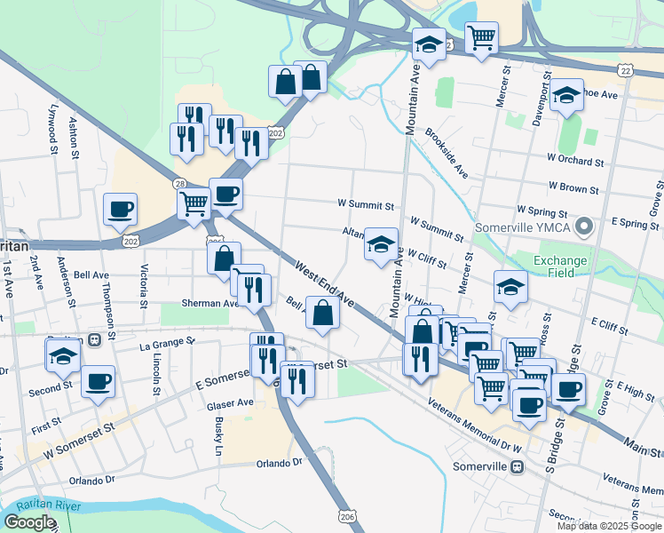 map of restaurants, bars, coffee shops, grocery stores, and more near 142 West End Avenue in Somerville