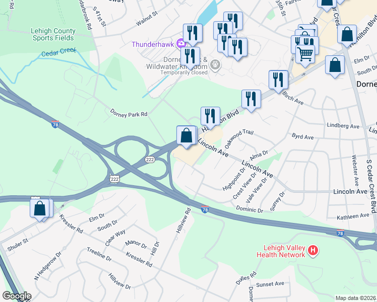 map of restaurants, bars, coffee shops, grocery stores, and more near 3900 Hamilton Boulevard in Allentown