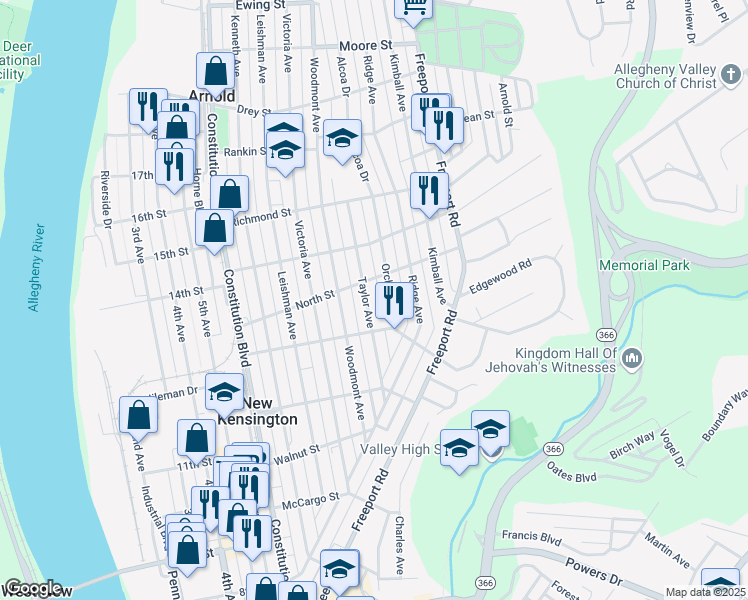 map of restaurants, bars, coffee shops, grocery stores, and more near 1332 Taylor Avenue in New Kensington
