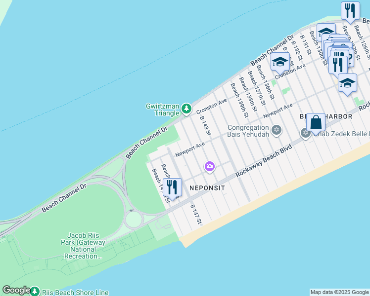 map of restaurants, bars, coffee shops, grocery stores, and more near 145-16 Newport Avenue in Queens