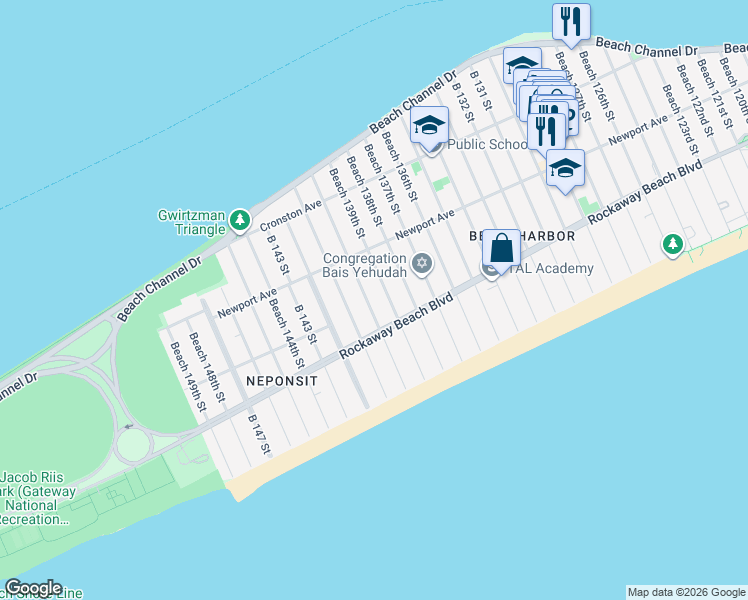 map of restaurants, bars, coffee shops, grocery stores, and more near 2-34 B 140 Street in Queens