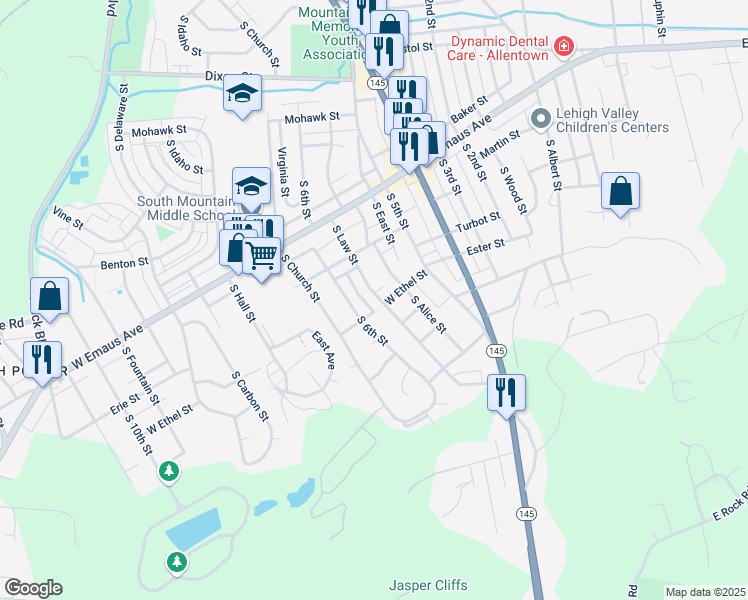 map of restaurants, bars, coffee shops, grocery stores, and more near 2444 South Law Street in Allentown