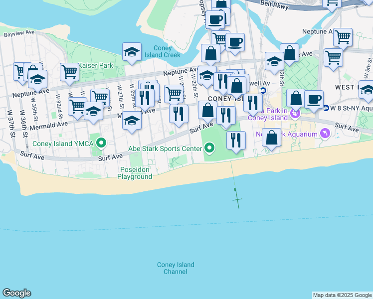 map of restaurants, bars, coffee shops, grocery stores, and more near 3050 West 21st Street in Brooklyn