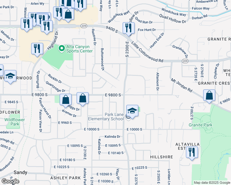 map of restaurants, bars, coffee shops, grocery stores, and more near 2275 East 9800 South in Sandy
