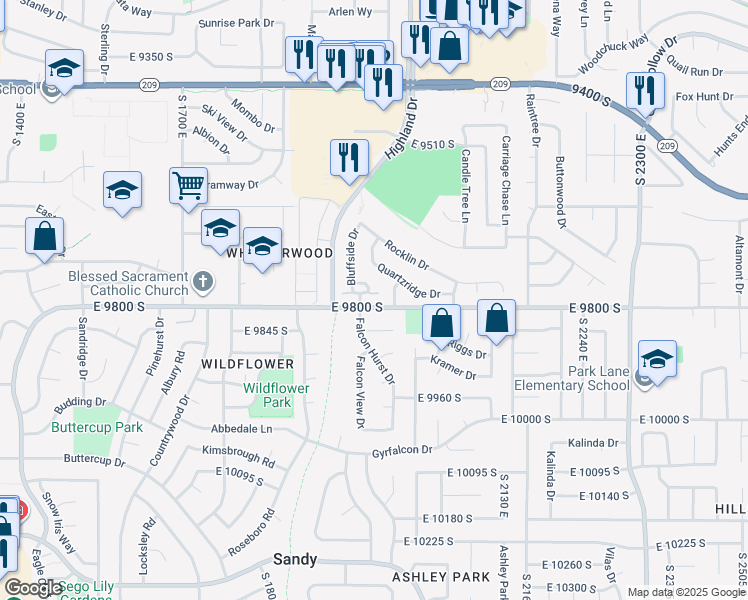 map of restaurants, bars, coffee shops, grocery stores, and more near 1958 Bluffside Circle in Sandy