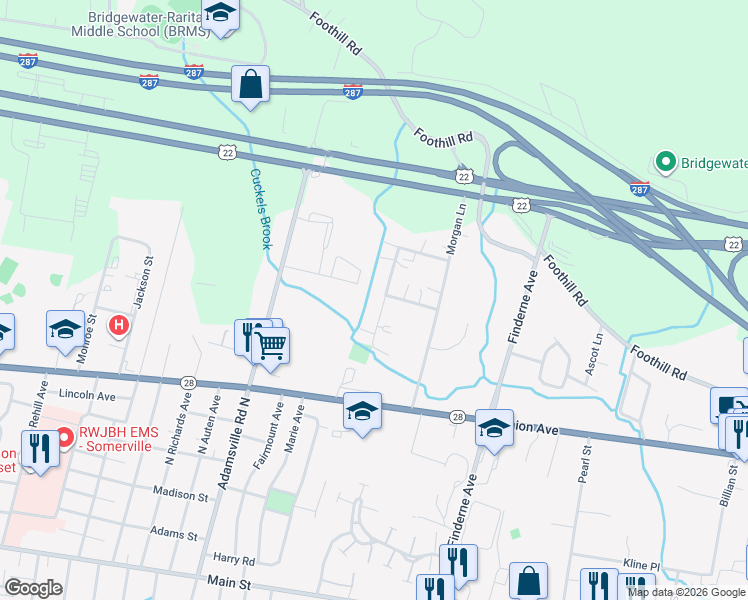 map of restaurants, bars, coffee shops, grocery stores, and more near 110 Chelsea Way in Bridgewater