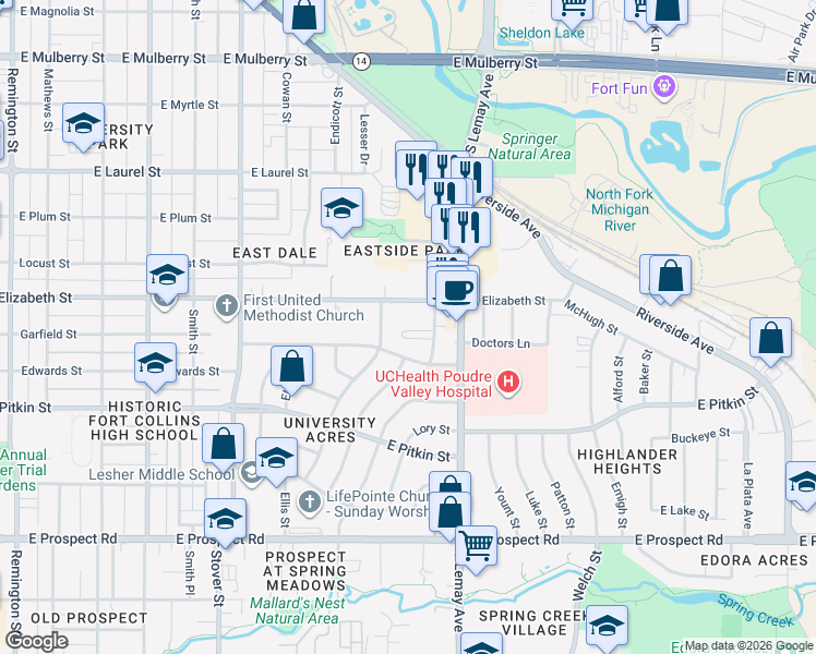 map of restaurants, bars, coffee shops, grocery stores, and more near 1021 Robertson Street in Fort Collins