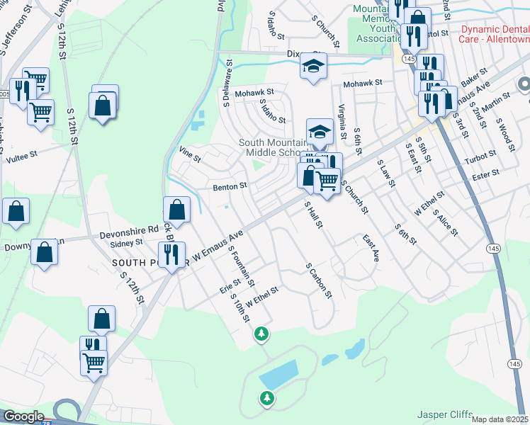 map of restaurants, bars, coffee shops, grocery stores, and more near 827 West Emaus Avenue in Allentown