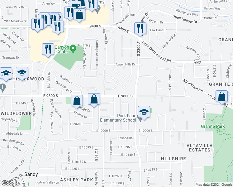 map of restaurants, bars, coffee shops, grocery stores, and more near 2225 East 9800 South in Sandy