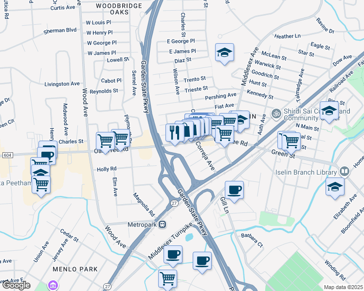 map of restaurants, bars, coffee shops, grocery stores, and more near 1437b Oak Tree Road in Woodbridge Township