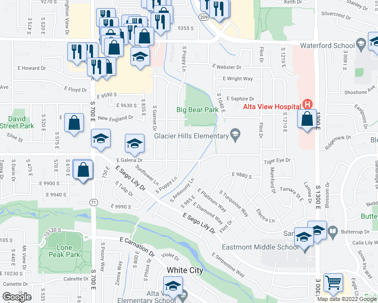 map of restaurants, bars, coffee shops, grocery stores, and more near 960 Silica Drive in Sandy
