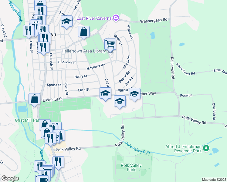 map of restaurants, bars, coffee shops, grocery stores, and more near 115 Cedar Road in Hellertown