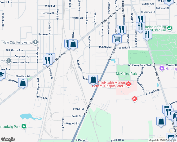 map of restaurants, bars, coffee shops, grocery stores, and more near 839 Blaine Avenue in Marion