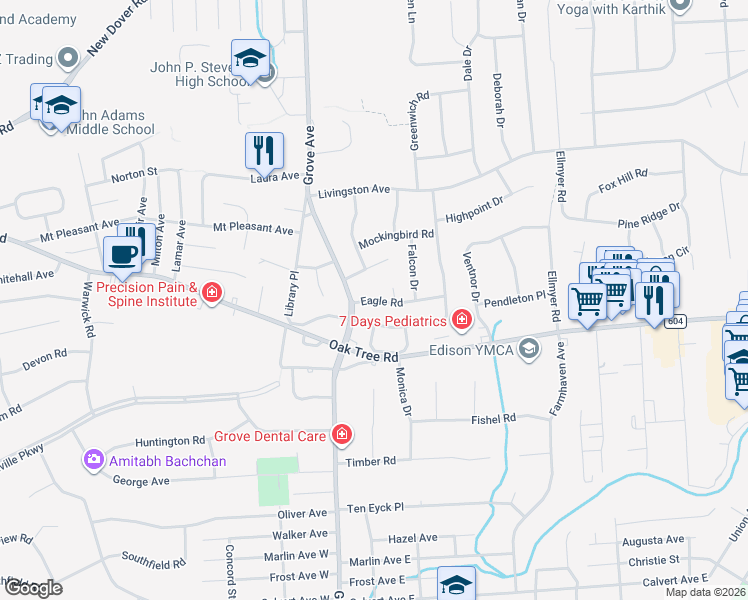map of restaurants, bars, coffee shops, grocery stores, and more near 6 Eagle Road in Edison