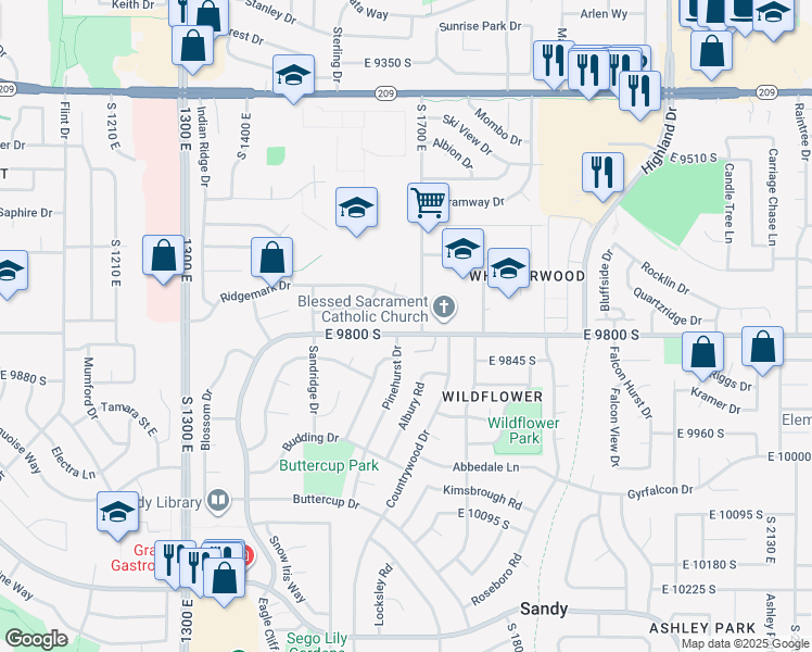 map of restaurants, bars, coffee shops, grocery stores, and more near 1677 East 9800 South in Sandy