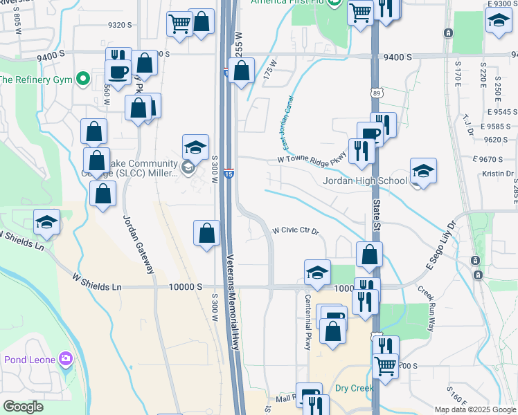 map of restaurants, bars, coffee shops, grocery stores, and more near 9815 South Monroe Street in Sandy