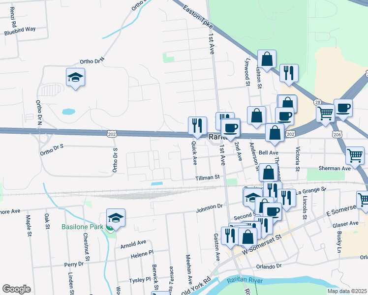 map of restaurants, bars, coffee shops, grocery stores, and more near 901 U.S. 202 in Raritan