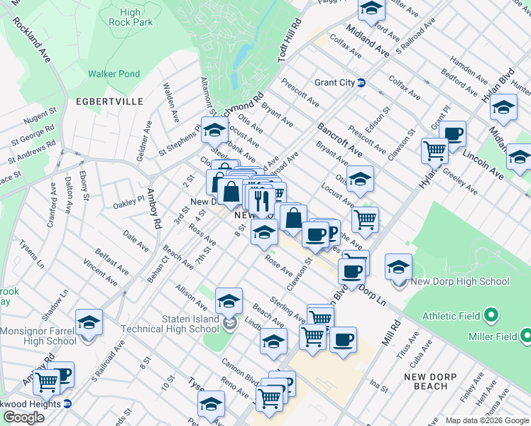 map of restaurants, bars, coffee shops, grocery stores, and more near 173 New Dorp Lane in Staten Island