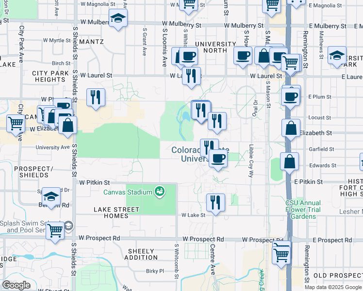 map of restaurants, bars, coffee shops, grocery stores, and more near in Fort Collins