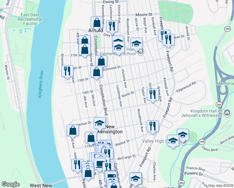 map of restaurants, bars, coffee shops, grocery stores, and more near 1509 Leishman Avenue in New Kensington