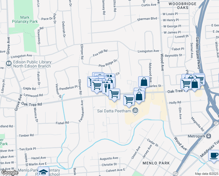 map of restaurants, bars, coffee shops, grocery stores, and more near 1710 Oak Tree Road in Edison
