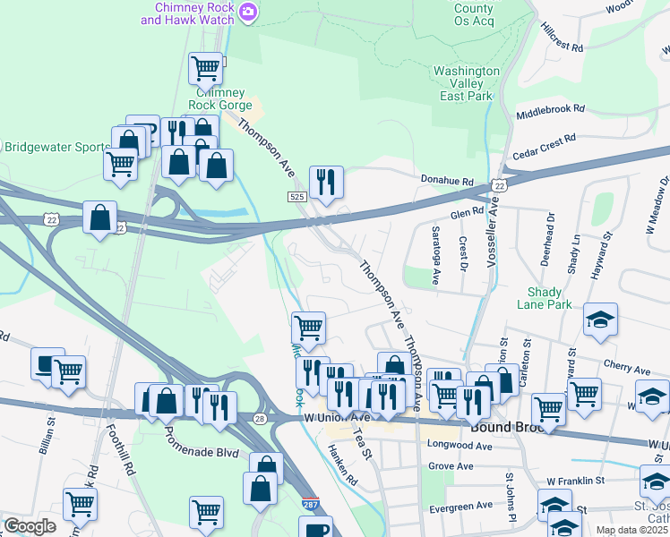 map of restaurants, bars, coffee shops, grocery stores, and more near 219 Stratford Place in Bound Brook
