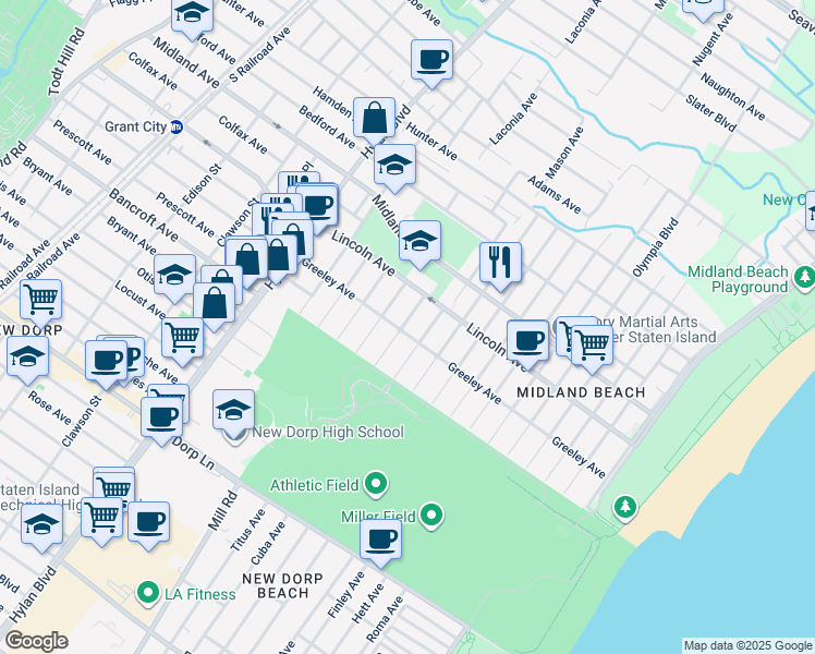 map of restaurants, bars, coffee shops, grocery stores, and more near 431 Greeley Avenue in Staten Island