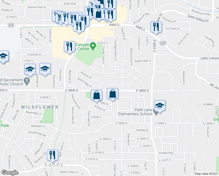map of restaurants, bars, coffee shops, grocery stores, and more near 9773 Rocklin Drive in Sandy
