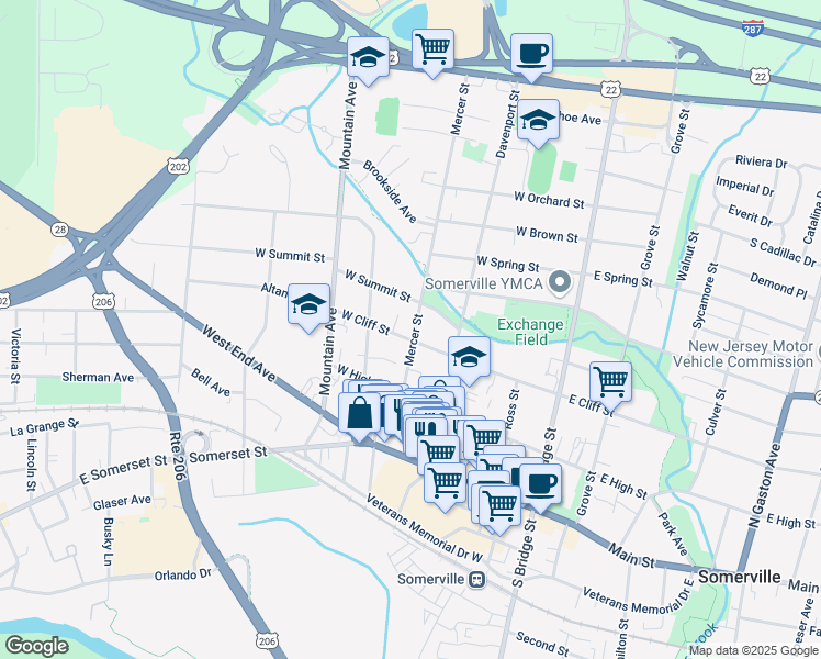 map of restaurants, bars, coffee shops, grocery stores, and more near 54 Mercer Street in Somerville
