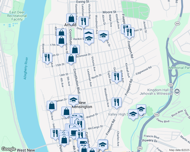 map of restaurants, bars, coffee shops, grocery stores, and more near 1501 Victoria Avenue in New Kensington