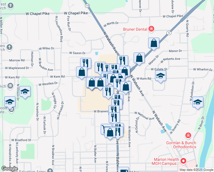 map of restaurants, bars, coffee shops, grocery stores, and more near 1129 North Baldwin Avenue in Marion