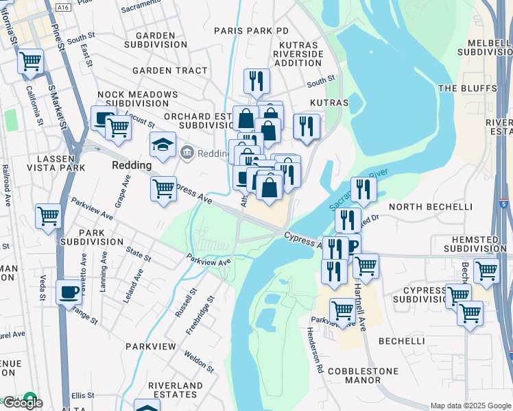 map of restaurants, bars, coffee shops, grocery stores, and more near 2463 Athens Avenue in Redding