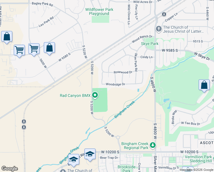 map of restaurants, bars, coffee shops, grocery stores, and more near 5103 Woodridge Dr in South Jordan