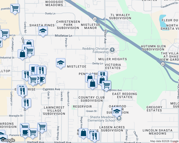 map of restaurants, bars, coffee shops, grocery stores, and more near 1603 El Dorado Way in Redding