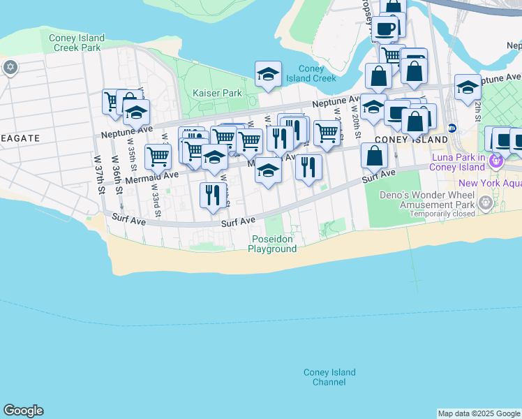 map of restaurants, bars, coffee shops, grocery stores, and more near 2727 Surf Avenue in Brooklyn