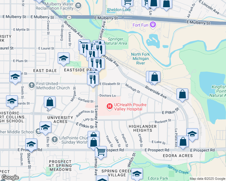 map of restaurants, bars, coffee shops, grocery stores, and more near 1020 Luke Street in Fort Collins