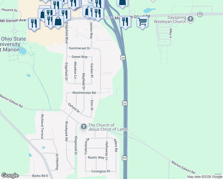 map of restaurants, bars, coffee shops, grocery stores, and more near 1909 Sussex Way in Marion
