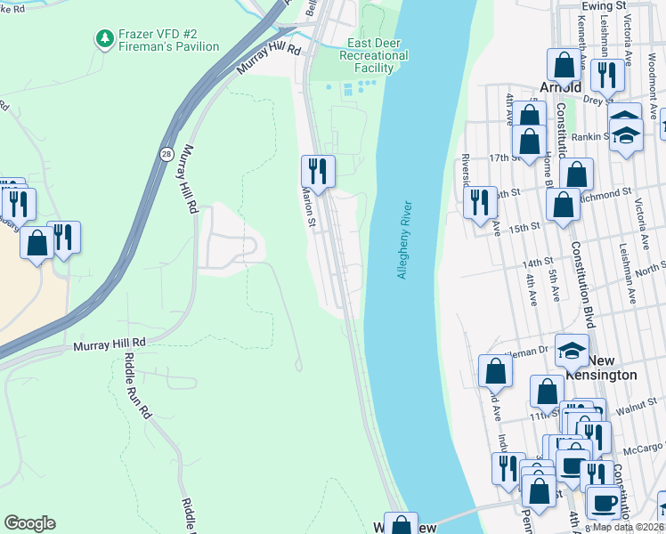 map of restaurants, bars, coffee shops, grocery stores, and more near 407 Freeport Road in Creighton