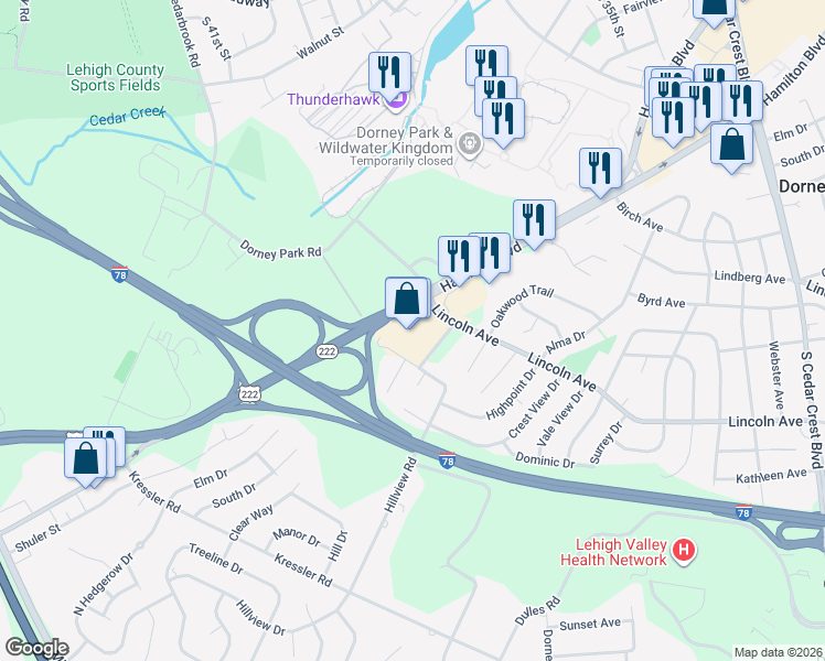 map of restaurants, bars, coffee shops, grocery stores, and more near 3900 Hamilton Boulevard in Allentown