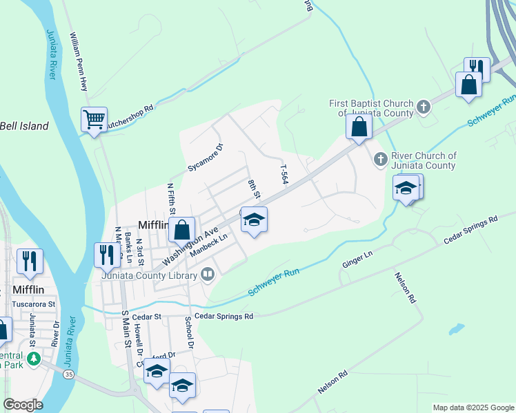 map of restaurants, bars, coffee shops, grocery stores, and more near 11722 Route 35 North in Mifflintown