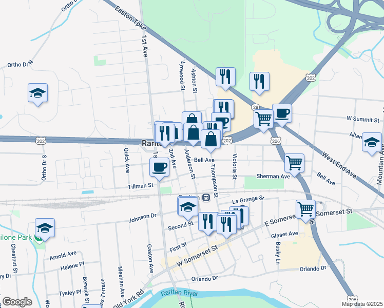 map of restaurants, bars, coffee shops, grocery stores, and more near 106 Anderson St in Raritan