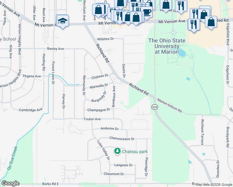 map of restaurants, bars, coffee shops, grocery stores, and more near 632 Bordeaux Avenue in Marion
