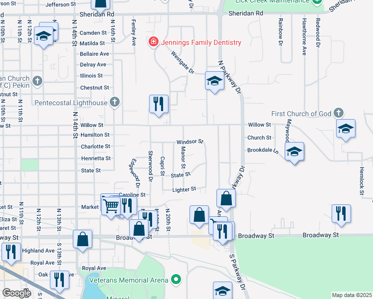 map of restaurants, bars, coffee shops, grocery stores, and more near 414 Manor Street in Pekin