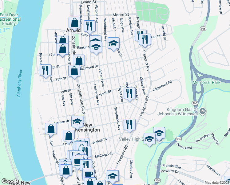 map of restaurants, bars, coffee shops, grocery stores, and more near 1336 Woodmont Avenue in New Kensington