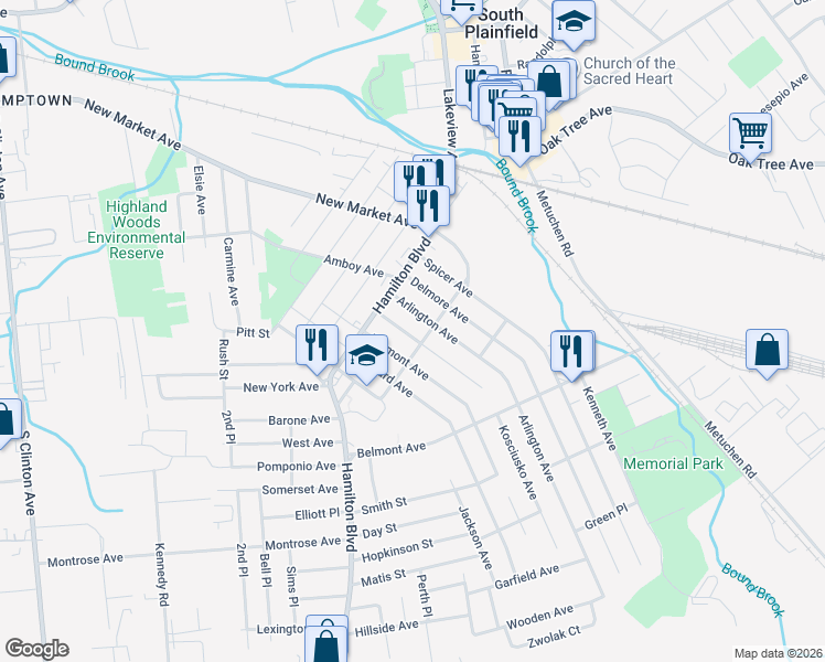 map of restaurants, bars, coffee shops, grocery stores, and more near 133 Kosciusko Avenue in South Plainfield