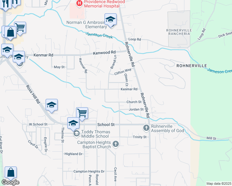 map of restaurants, bars, coffee shops, grocery stores, and more near 2224 Lee Court in Fortuna