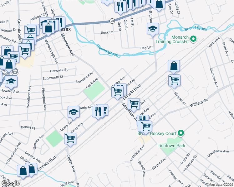map of restaurants, bars, coffee shops, grocery stores, and more near 708 Voorhees Avenue in Middlesex