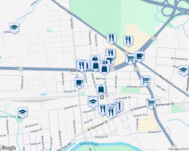 map of restaurants, bars, coffee shops, grocery stores, and more near 106 Anderson Street in Raritan