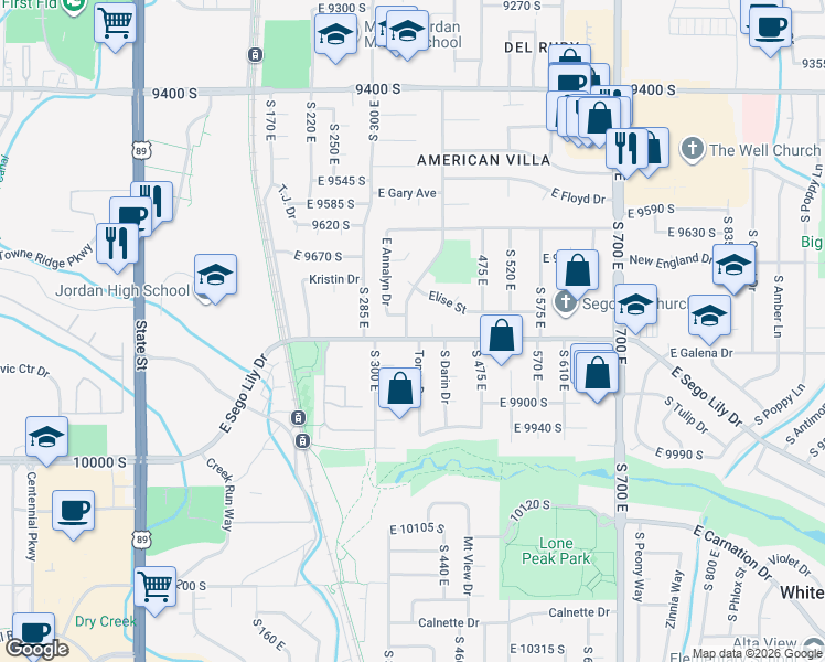 map of restaurants, bars, coffee shops, grocery stores, and more near 9787 South David Street in Sandy